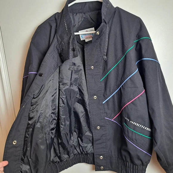 Vintage Casual Club Black Neon Stripes 80s Oversized Bomber Jacket Sz Medium - Picture 5 of 6